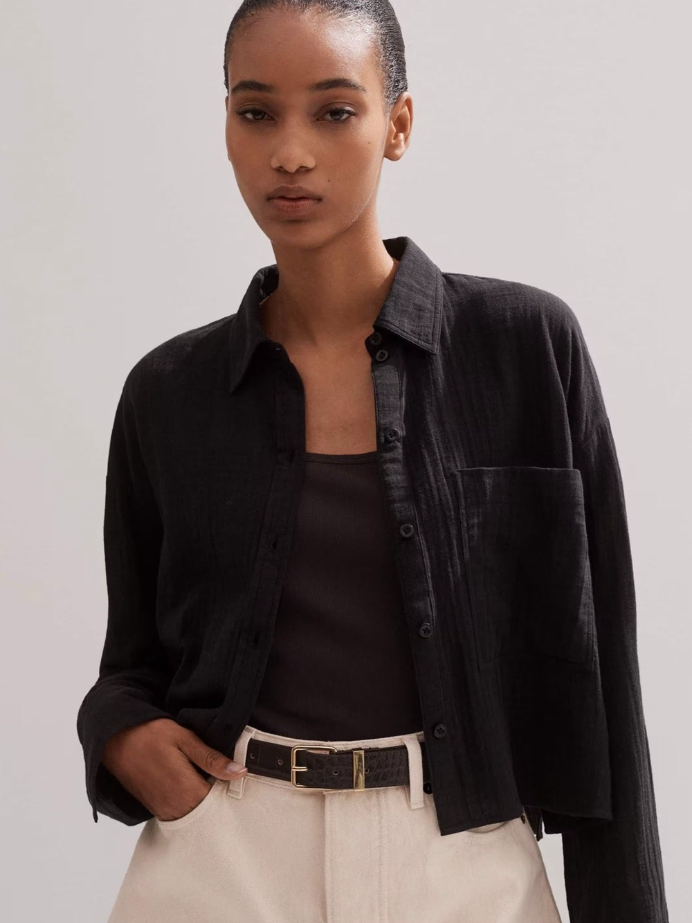 Me + Em Cheesecloth Cropped Button Down Shirt in Black